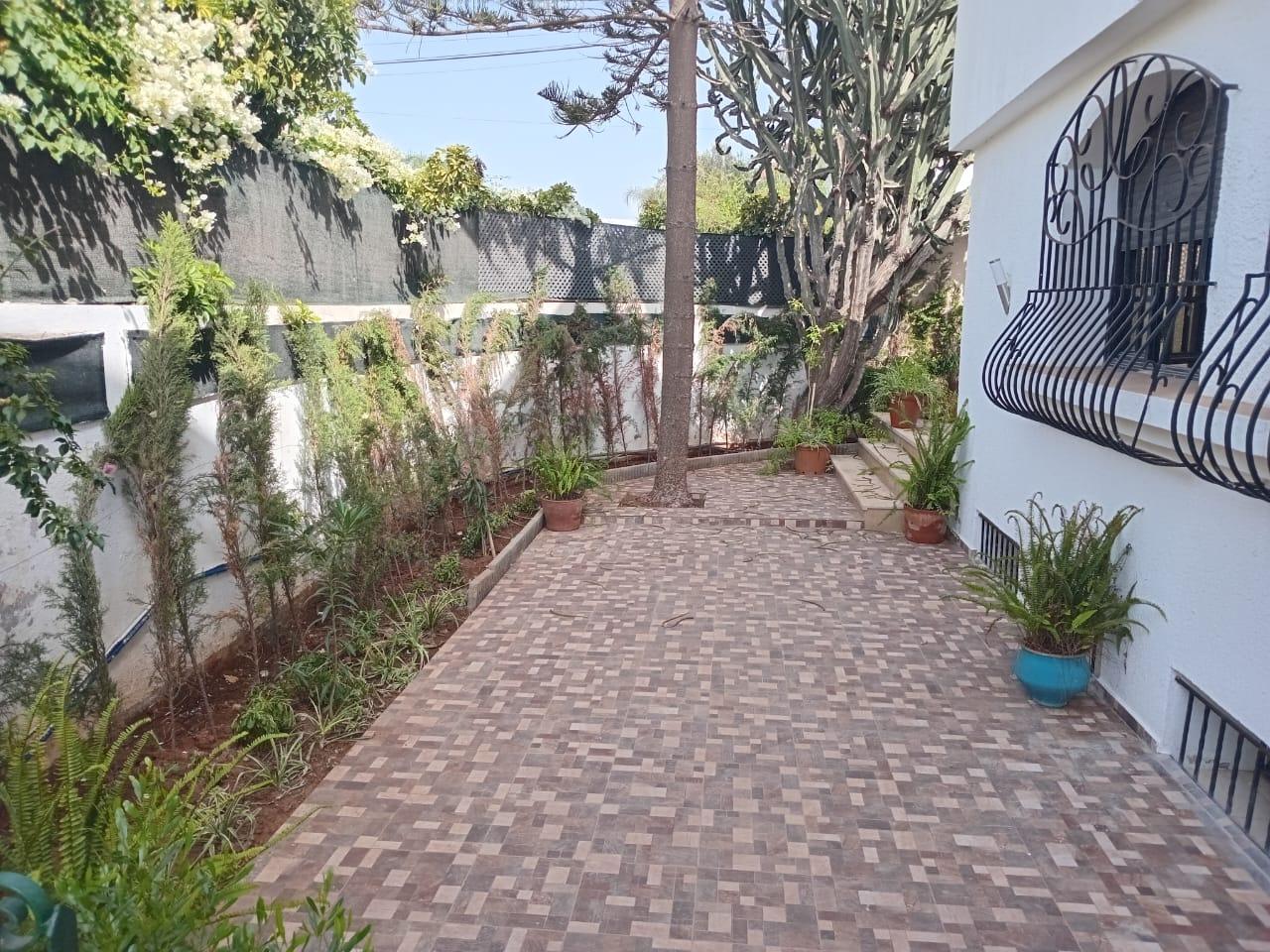 Jardin planté du centre de yoga à Casablanca : allée pavée, cyprès et plantes en pot